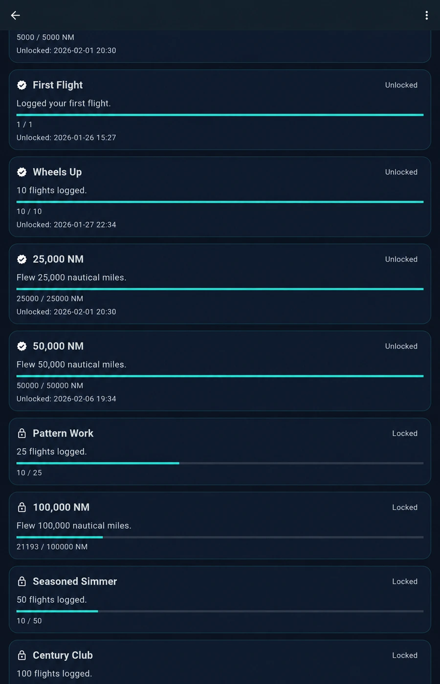 EFB Logbook achievements screen showing unlockable badges and milestones