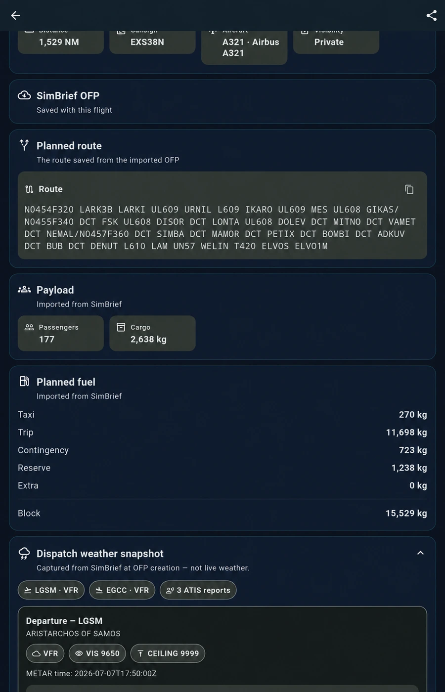 EFB Logbook SimBrief import screen showing PRO route and OFP integration
