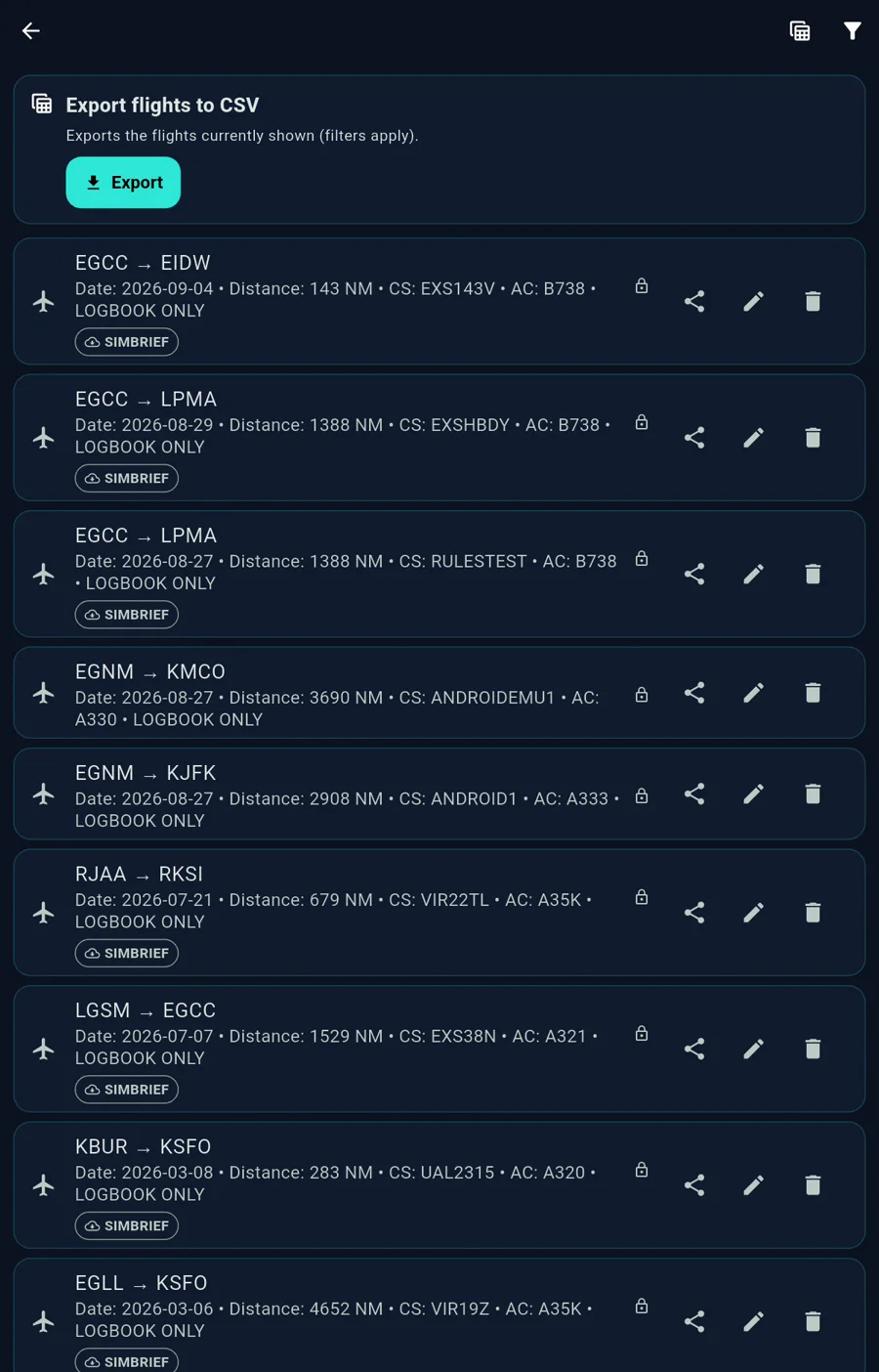EFB Logbook digital flight logbook screen showing recorded simulator flights