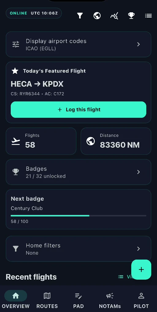 EFB Logbook overview showing flight totals, badge progress and recent flights