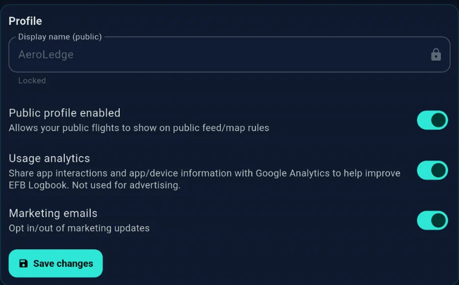 EFB Logbook profile controls for public sharing, optional usage analytics and marketing emails