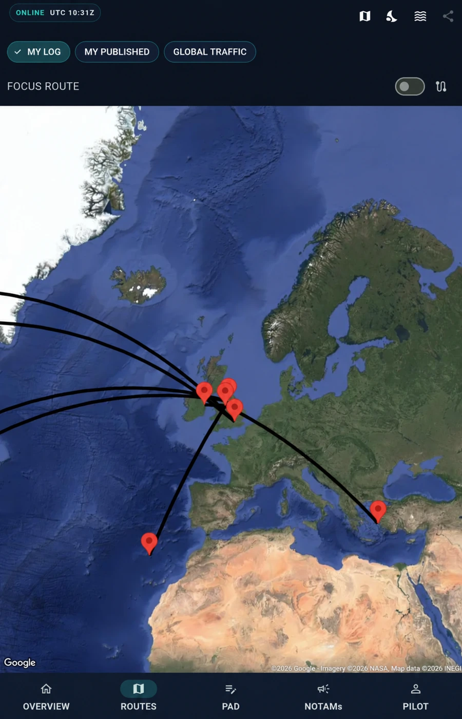 EFB Logbook flight map screenshot showing a route across the world map
