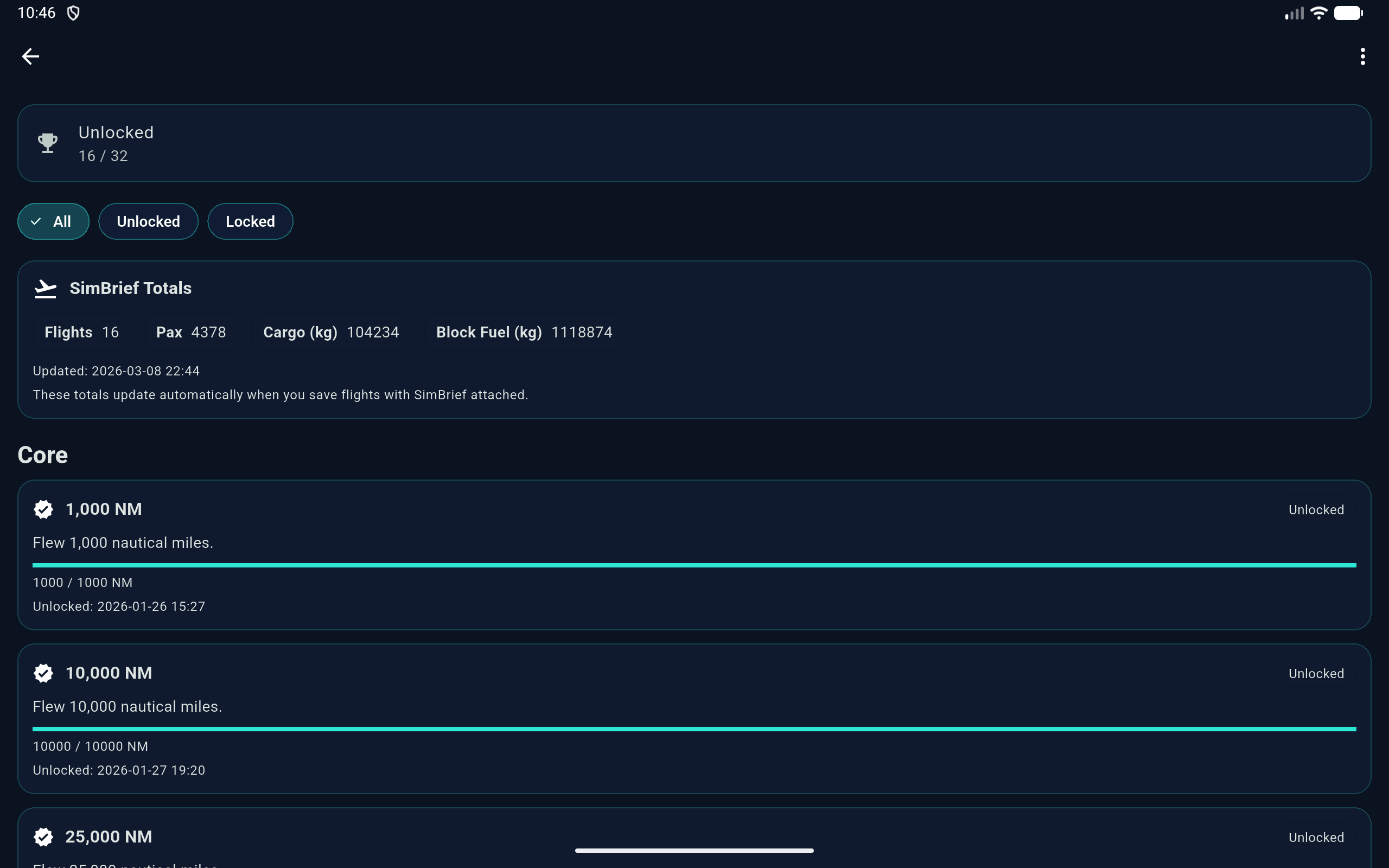 EFB Logbook achievements screen showing unlockable badges and milestones