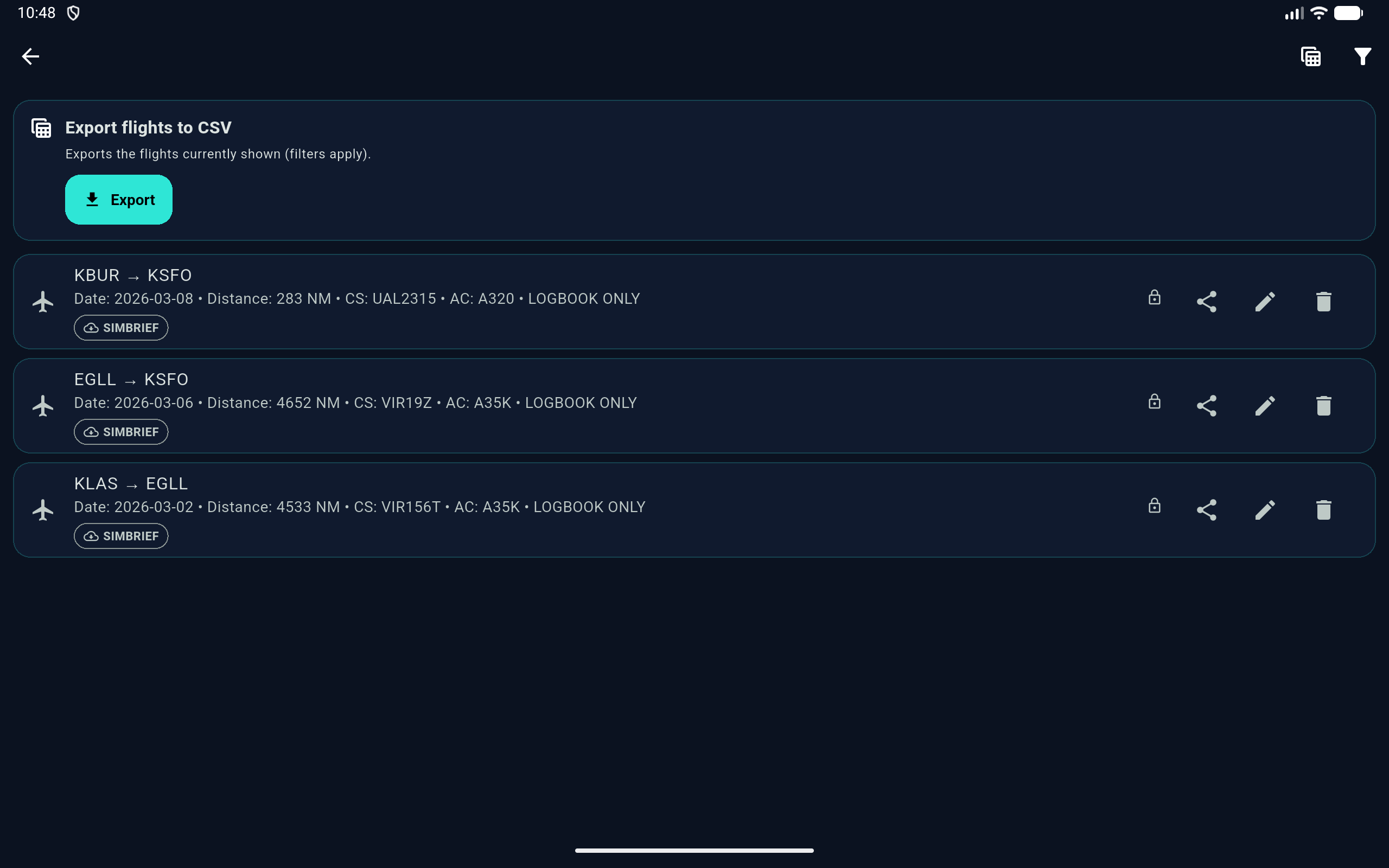 EFB Logbook digital flight logbook screen showing recorded simulator flights