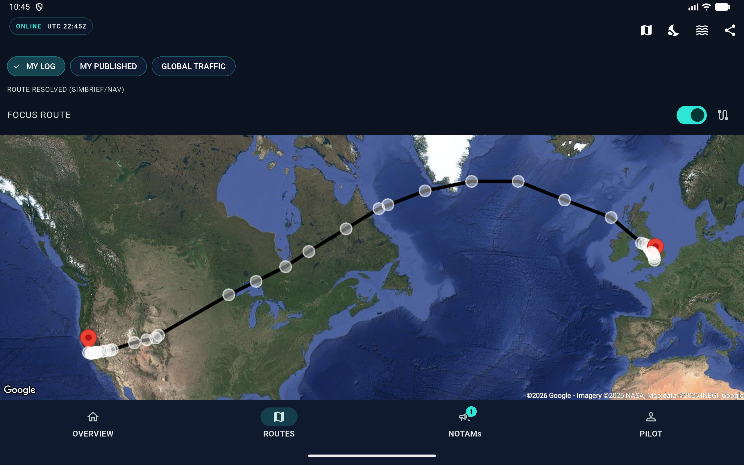 EFB Logbook flight map screenshot showing a route across the world map