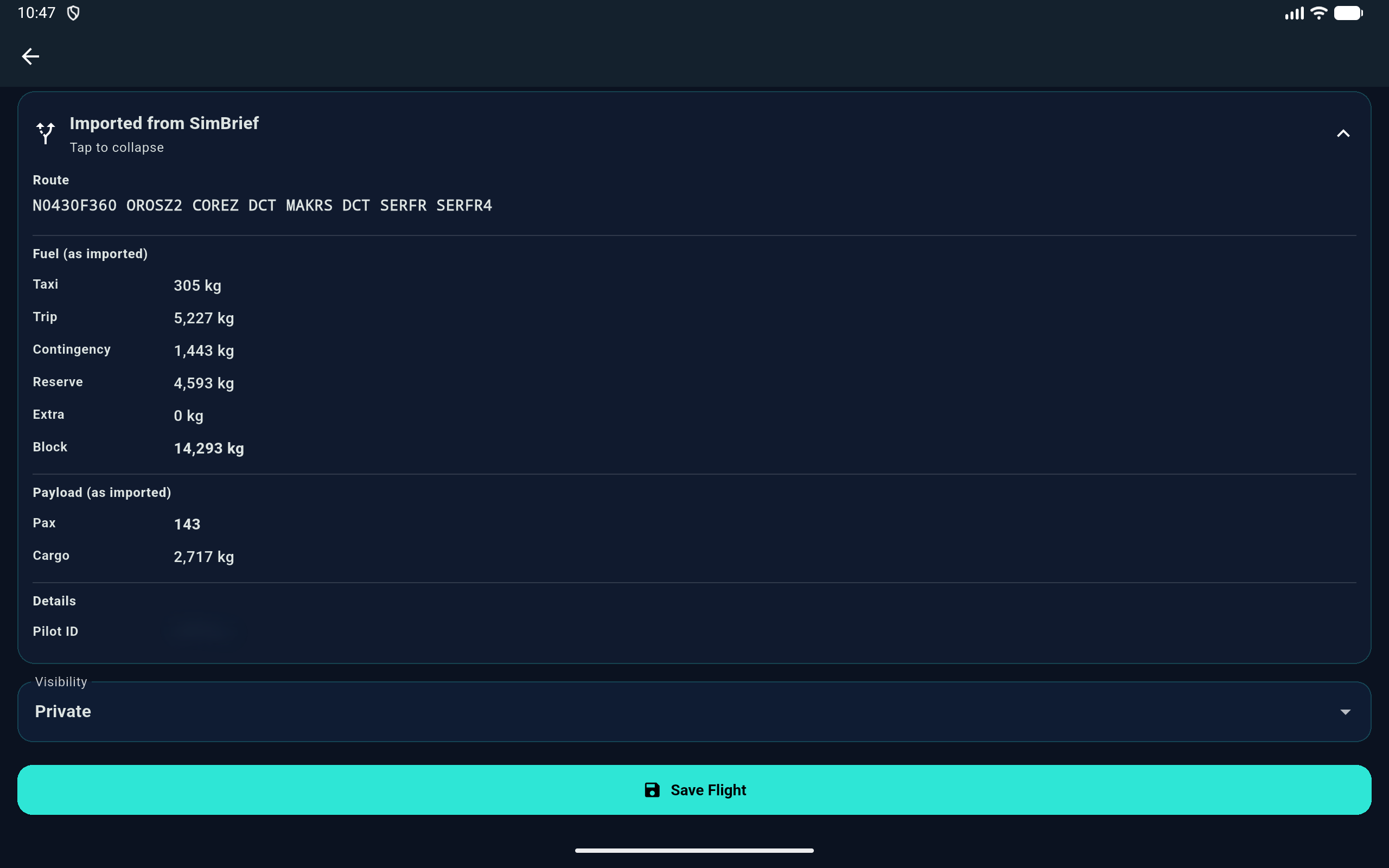 EFB Logbook SimBrief import screen showing PRO route and OFP integration