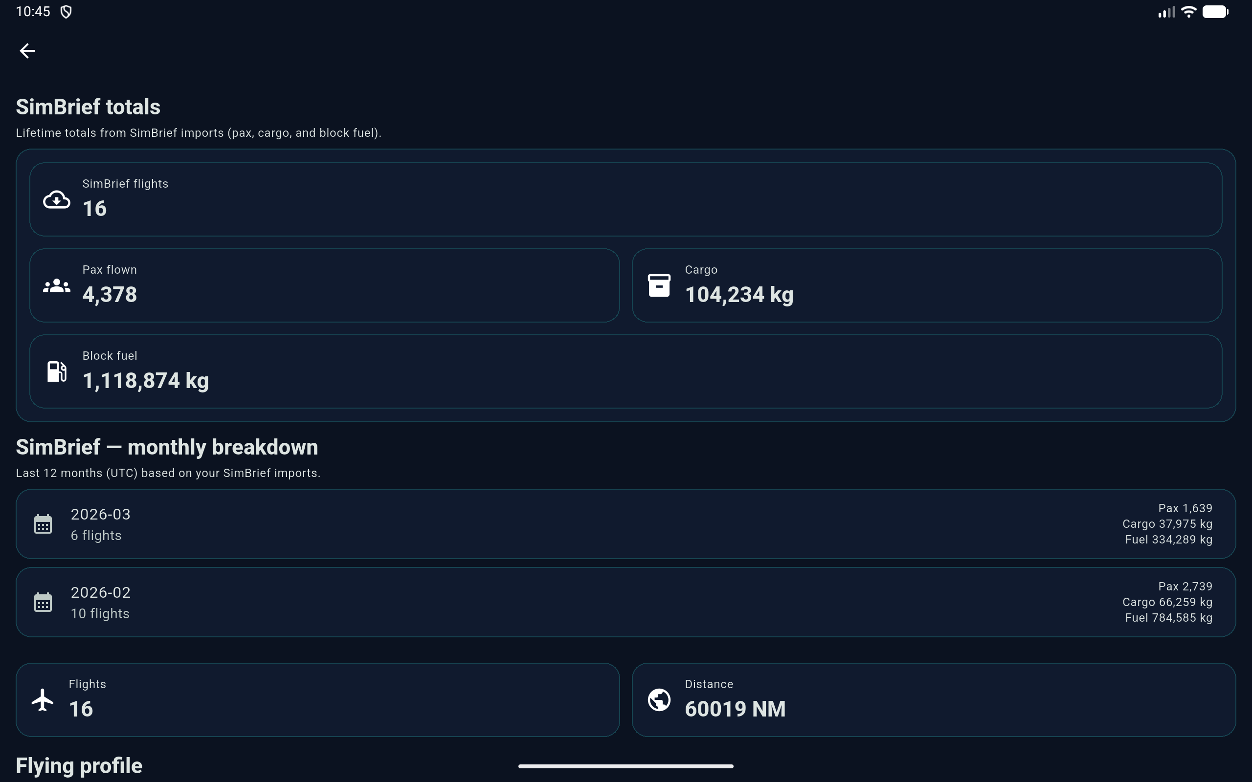 EFB Logbook statistics screen showing flight totals and long-term simulator progress